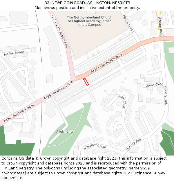 33, NEWBIGGIN ROAD, ASHINGTON, NE63 0TB: Location map and indicative extent of plot