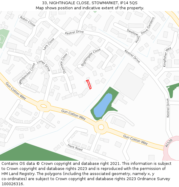 33, NIGHTINGALE CLOSE, STOWMARKET, IP14 5QS: Location map and indicative extent of plot