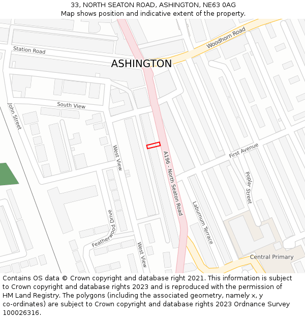33, NORTH SEATON ROAD, ASHINGTON, NE63 0AG: Location map and indicative extent of plot