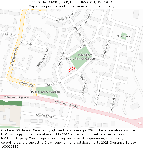 33, OLLIVER ACRE, WICK, LITTLEHAMPTON, BN17 6FD: Location map and indicative extent of plot