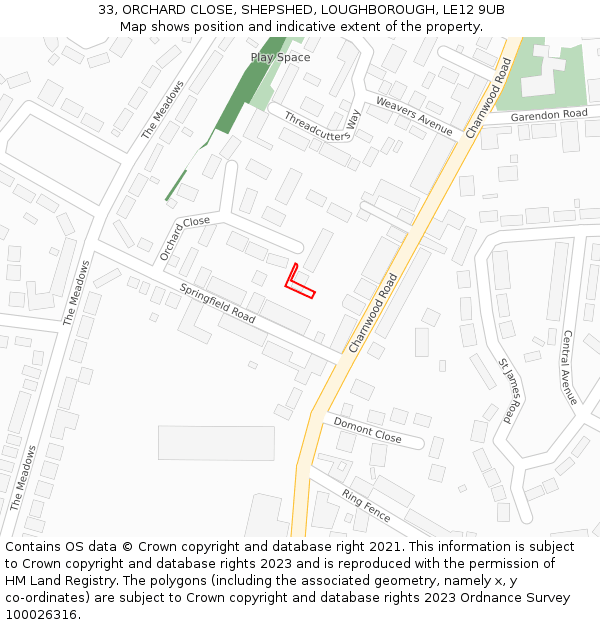 33, ORCHARD CLOSE, SHEPSHED, LOUGHBOROUGH, LE12 9UB: Location map and indicative extent of plot