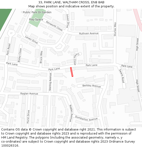 33, PARK LANE, WALTHAM CROSS, EN8 8AB: Location map and indicative extent of plot