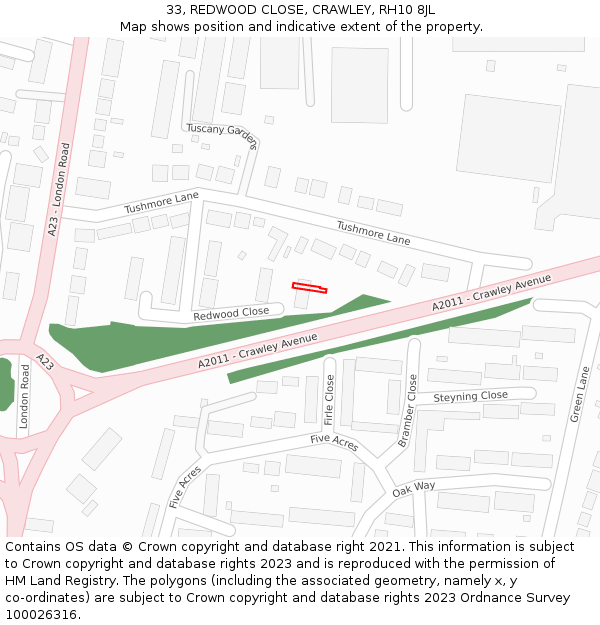 33, REDWOOD CLOSE, CRAWLEY, RH10 8JL: Location map and indicative extent of plot
