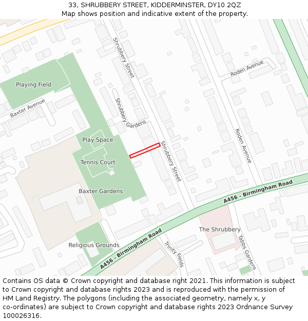 33, SHRUBBERY STREET, KIDDERMINSTER, DY10 2QZ: Location map and indicative extent of plot