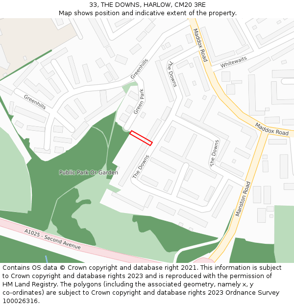33, THE DOWNS, HARLOW, CM20 3RE: Location map and indicative extent of plot