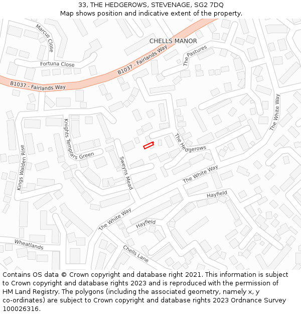 33, THE HEDGEROWS, STEVENAGE, SG2 7DQ: Location map and indicative extent of plot
