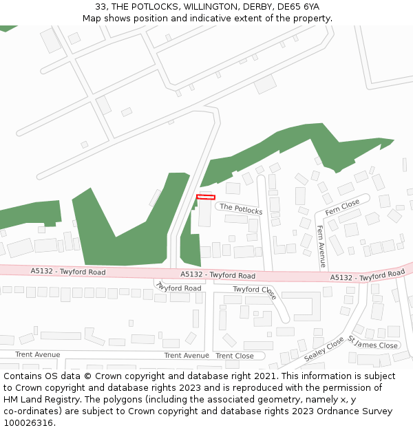 33, THE POTLOCKS, WILLINGTON, DERBY, DE65 6YA: Location map and indicative extent of plot