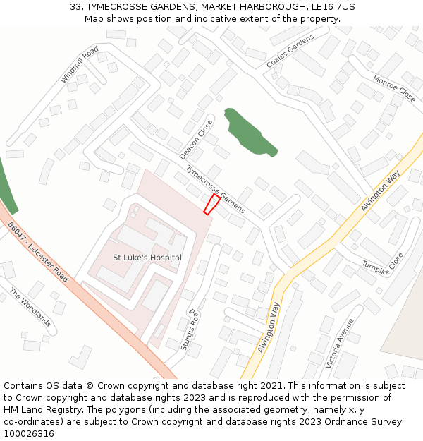 33, TYMECROSSE GARDENS, MARKET HARBOROUGH, LE16 7US: Location map and indicative extent of plot
