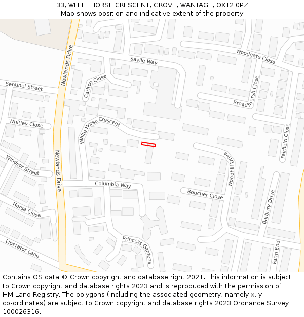 33, WHITE HORSE CRESCENT, GROVE, WANTAGE, OX12 0PZ: Location map and indicative extent of plot