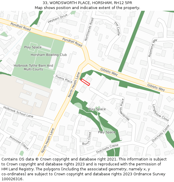 33, WORDSWORTH PLACE, HORSHAM, RH12 5PR: Location map and indicative extent of plot