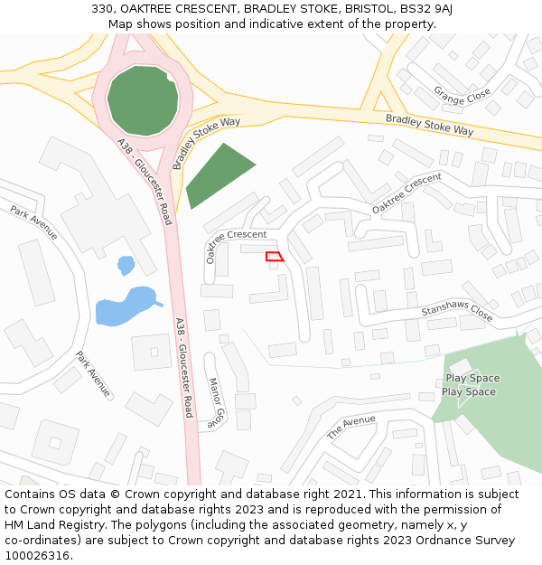 330, OAKTREE CRESCENT, BRADLEY STOKE, BRISTOL, BS32 9AJ: Location map and indicative extent of plot
