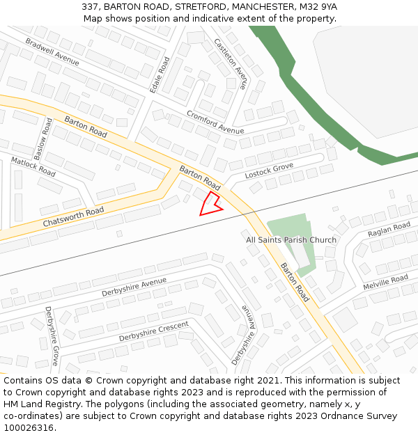 337, BARTON ROAD, STRETFORD, MANCHESTER, M32 9YA: Location map and indicative extent of plot