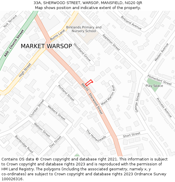 33A, SHERWOOD STREET, WARSOP, MANSFIELD, NG20 0JR: Location map and indicative extent of plot