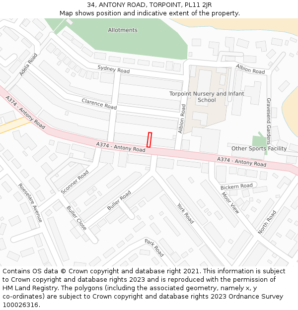 34, ANTONY ROAD, TORPOINT, PL11 2JR: Location map and indicative extent of plot