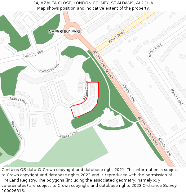 34, AZALEA CLOSE, LONDON COLNEY, ST ALBANS, AL2 1UA: Location map and indicative extent of plot