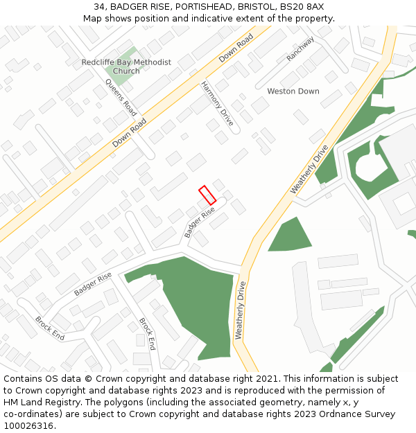 34, BADGER RISE, PORTISHEAD, BRISTOL, BS20 8AX: Location map and indicative extent of plot