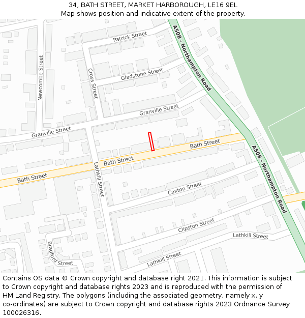 34, BATH STREET, MARKET HARBOROUGH, LE16 9EL: Location map and indicative extent of plot