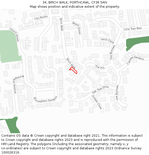 34, BIRCH WALK, PORTHCAWL, CF36 5AN: Location map and indicative extent of plot