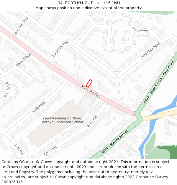 34, BORTHYN, RUTHIN, LL15 1NU: Location map and indicative extent of plot