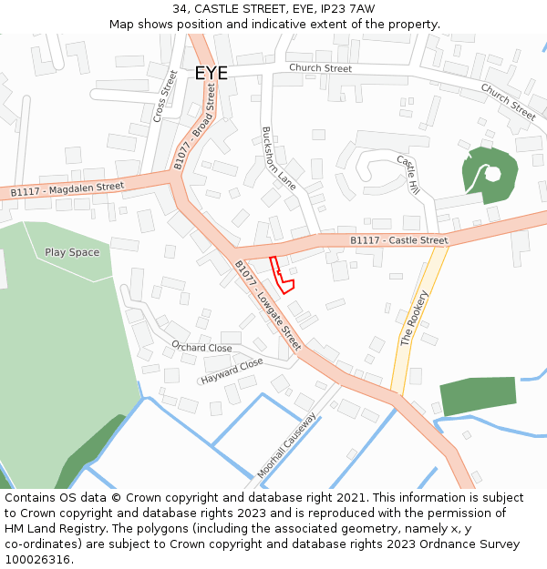 34, CASTLE STREET, EYE, IP23 7AW: Location map and indicative extent of plot