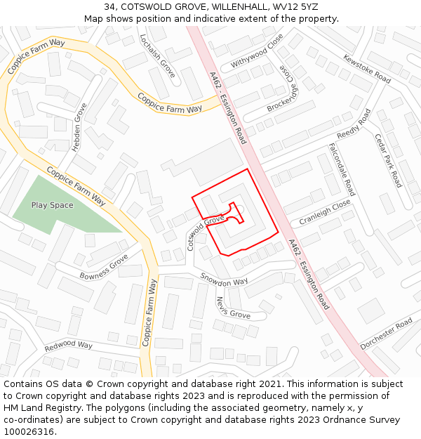 34, COTSWOLD GROVE, WILLENHALL, WV12 5YZ: Location map and indicative extent of plot