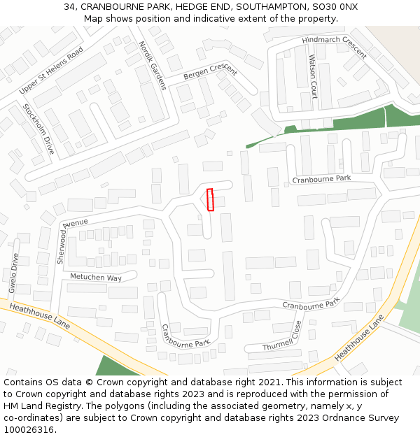 34, CRANBOURNE PARK, HEDGE END, SOUTHAMPTON, SO30 0NX: Location map and indicative extent of plot