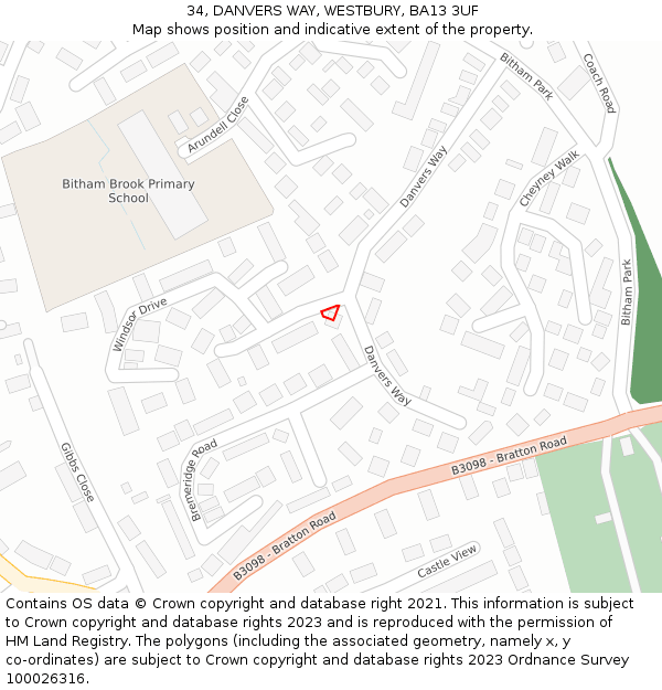 34, DANVERS WAY, WESTBURY, BA13 3UF: Location map and indicative extent of plot