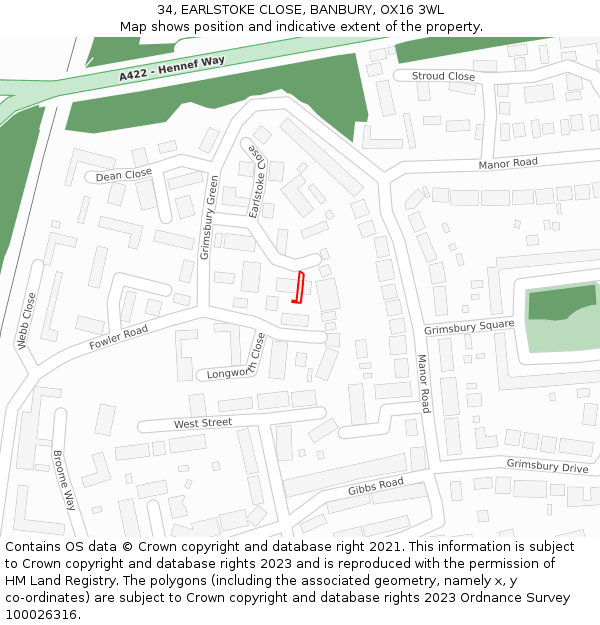 34, EARLSTOKE CLOSE, BANBURY, OX16 3WL: Location map and indicative extent of plot