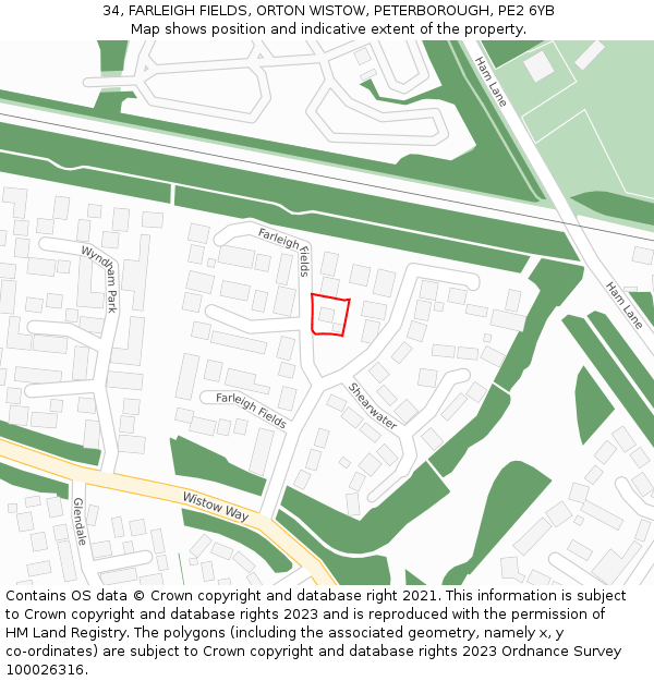 34, FARLEIGH FIELDS, ORTON WISTOW, PETERBOROUGH, PE2 6YB: Location map and indicative extent of plot