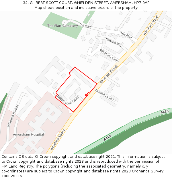 34, GILBERT SCOTT COURT, WHIELDEN STREET, AMERSHAM, HP7 0AP: Location map and indicative extent of plot