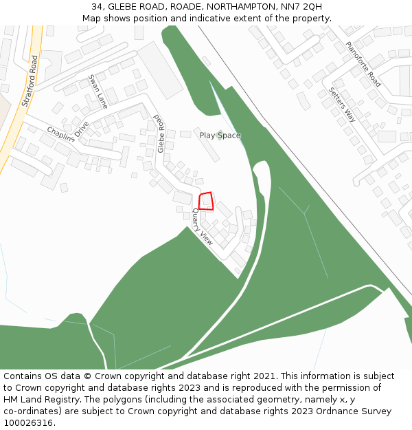 34, GLEBE ROAD, ROADE, NORTHAMPTON, NN7 2QH: Location map and indicative extent of plot