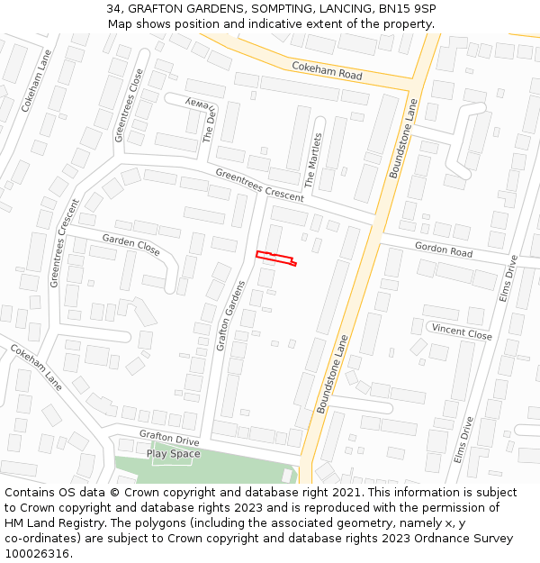 34, GRAFTON GARDENS, SOMPTING, LANCING, BN15 9SP: Location map and indicative extent of plot