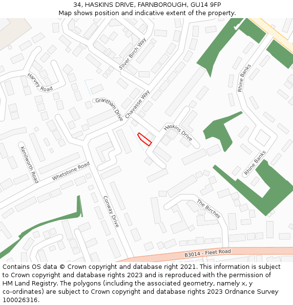 34, HASKINS DRIVE, FARNBOROUGH, GU14 9FP: Location map and indicative extent of plot