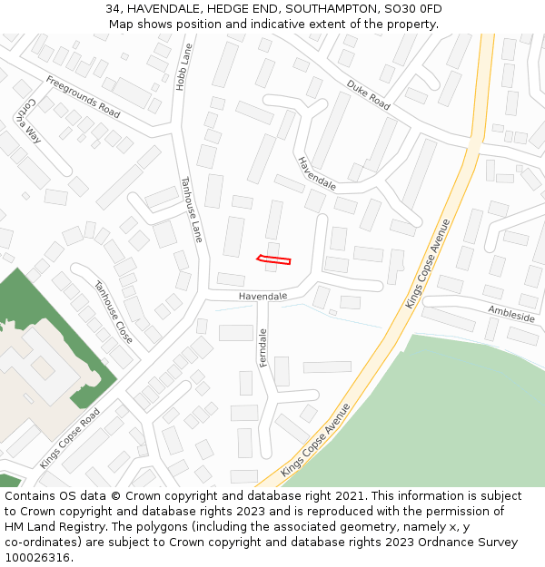 34, HAVENDALE, HEDGE END, SOUTHAMPTON, SO30 0FD: Location map and indicative extent of plot