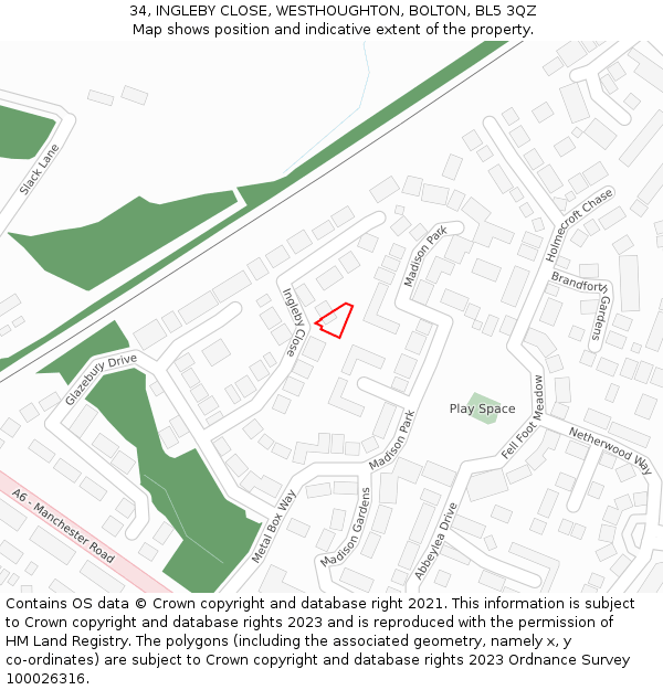 34, INGLEBY CLOSE, WESTHOUGHTON, BOLTON, BL5 3QZ: Location map and indicative extent of plot