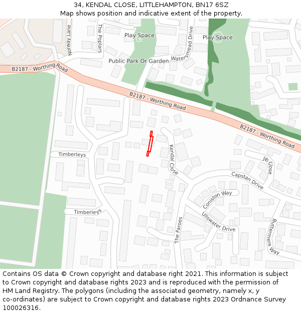 34, KENDAL CLOSE, LITTLEHAMPTON, BN17 6SZ: Location map and indicative extent of plot