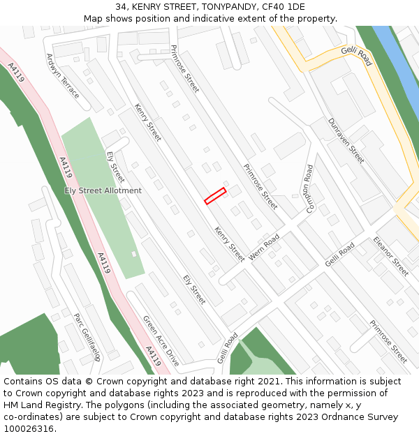 34, KENRY STREET, TONYPANDY, CF40 1DE: Location map and indicative extent of plot