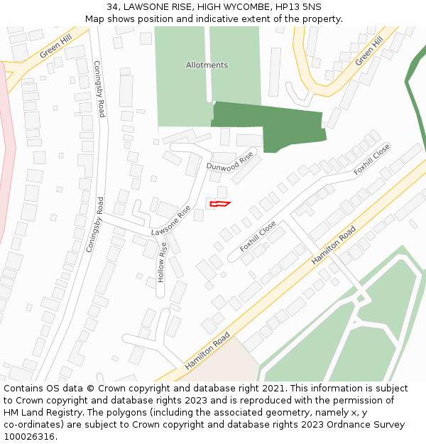34, LAWSONE RISE, HIGH WYCOMBE, HP13 5NS: Location map and indicative extent of plot