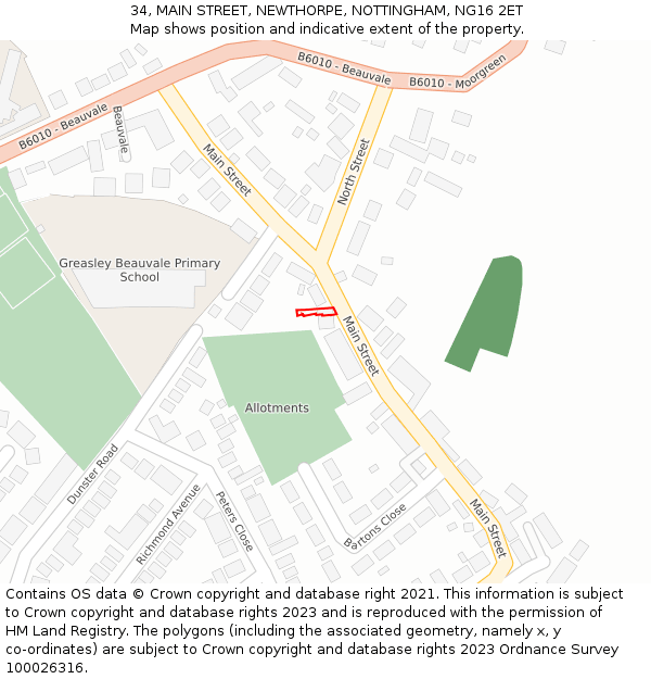 34, MAIN STREET, NEWTHORPE, NOTTINGHAM, NG16 2ET: Location map and indicative extent of plot