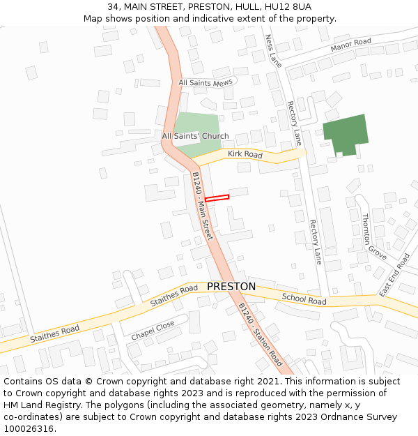 34, MAIN STREET, PRESTON, HULL, HU12 8UA: Location map and indicative extent of plot