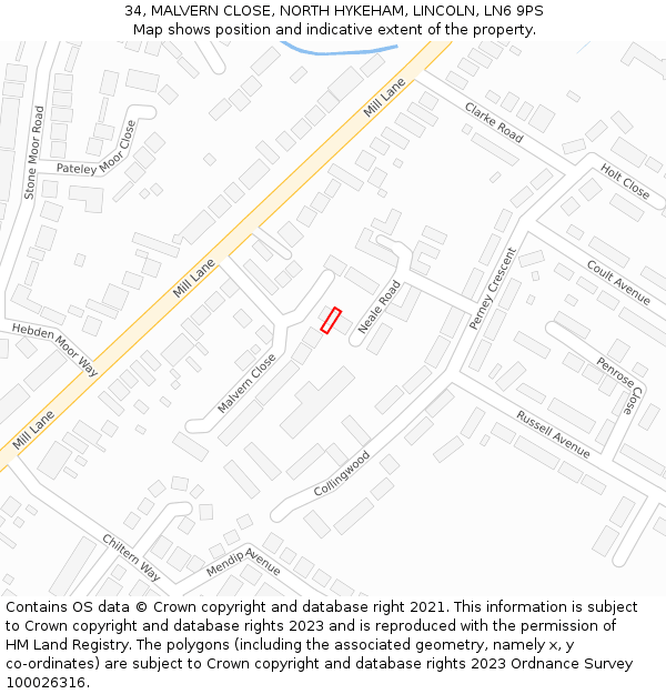 34, MALVERN CLOSE, NORTH HYKEHAM, LINCOLN, LN6 9PS: Location map and indicative extent of plot