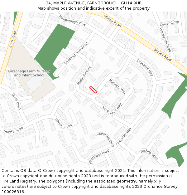 34, MAPLE AVENUE, FARNBOROUGH, GU14 9UR: Location map and indicative extent of plot