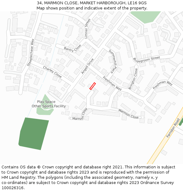 34, MARMION CLOSE, MARKET HARBOROUGH, LE16 9GS: Location map and indicative extent of plot