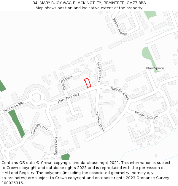 34, MARY RUCK WAY, BLACK NOTLEY, BRAINTREE, CM77 8RA: Location map and indicative extent of plot