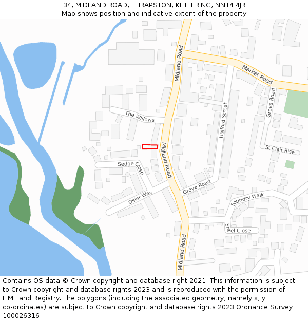 34, MIDLAND ROAD, THRAPSTON, KETTERING, NN14 4JR: Location map and indicative extent of plot