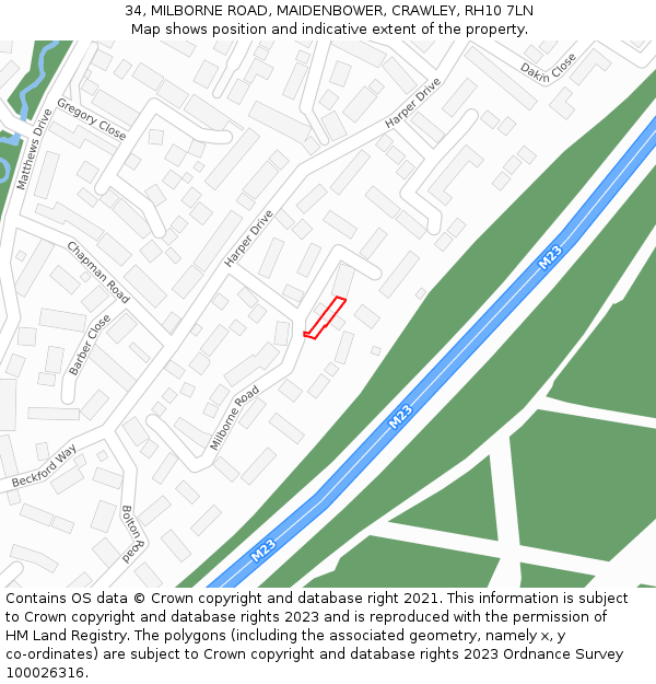 34, MILBORNE ROAD, MAIDENBOWER, CRAWLEY, RH10 7LN: Location map and indicative extent of plot