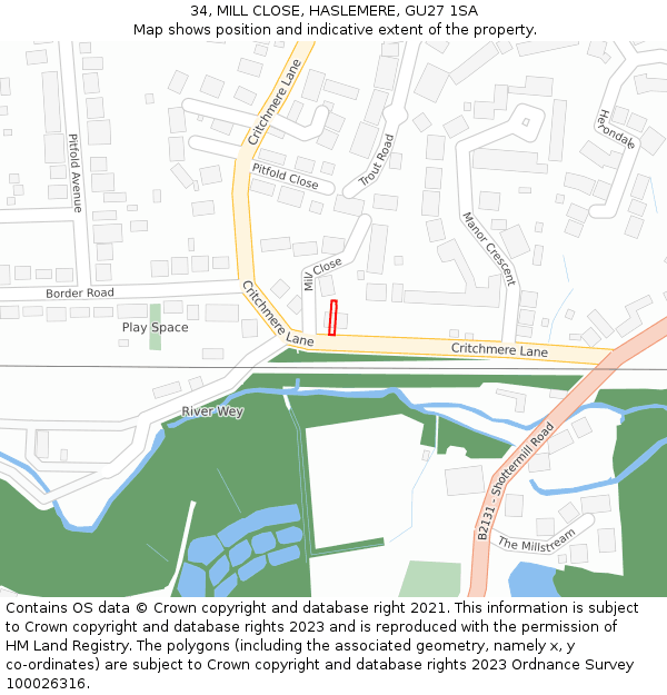 34, MILL CLOSE, HASLEMERE, GU27 1SA: Location map and indicative extent of plot