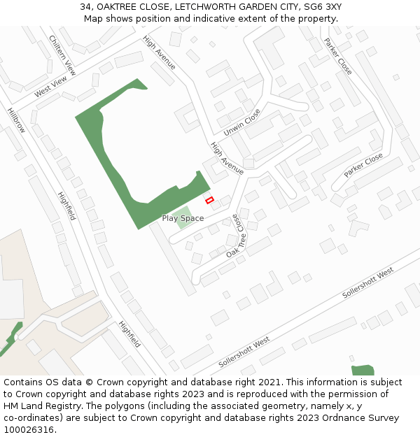34, OAKTREE CLOSE, LETCHWORTH GARDEN CITY, SG6 3XY: Location map and indicative extent of plot