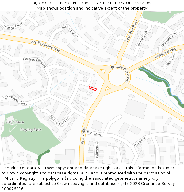 34, OAKTREE CRESCENT, BRADLEY STOKE, BRISTOL, BS32 9AD: Location map and indicative extent of plot