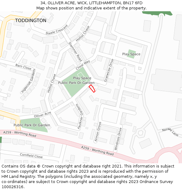 34, OLLIVER ACRE, WICK, LITTLEHAMPTON, BN17 6FD: Location map and indicative extent of plot